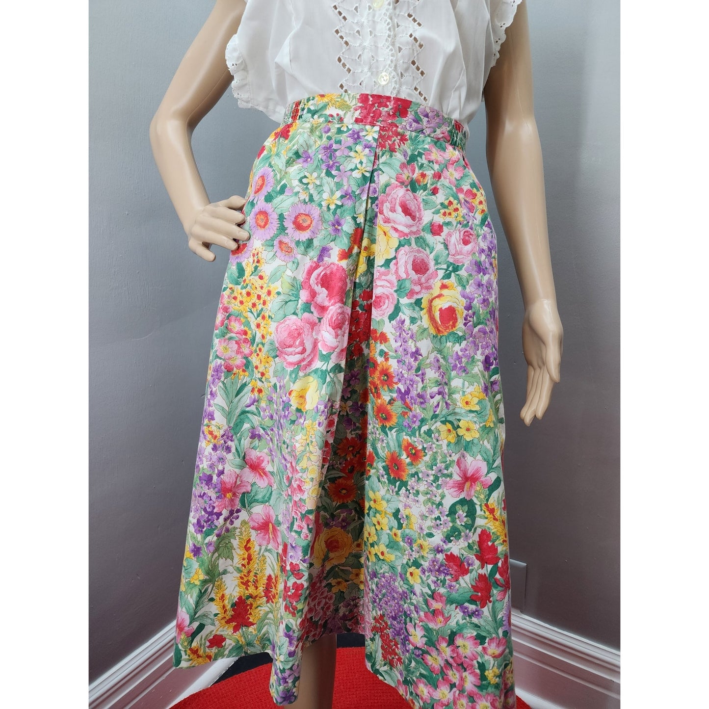80s Andrew McMullan Floral Skirt, Pockets, Elastic Waist - L