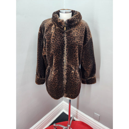 80s-Lorovi Brown and Black Cheetah Faux Fur Coat - PL