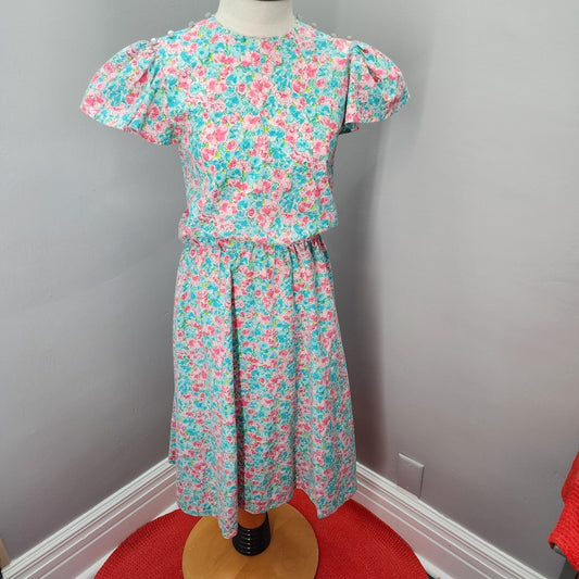 70s Vintage Handmade Floral Shirtwaist dress, Pinks & Blues - S
