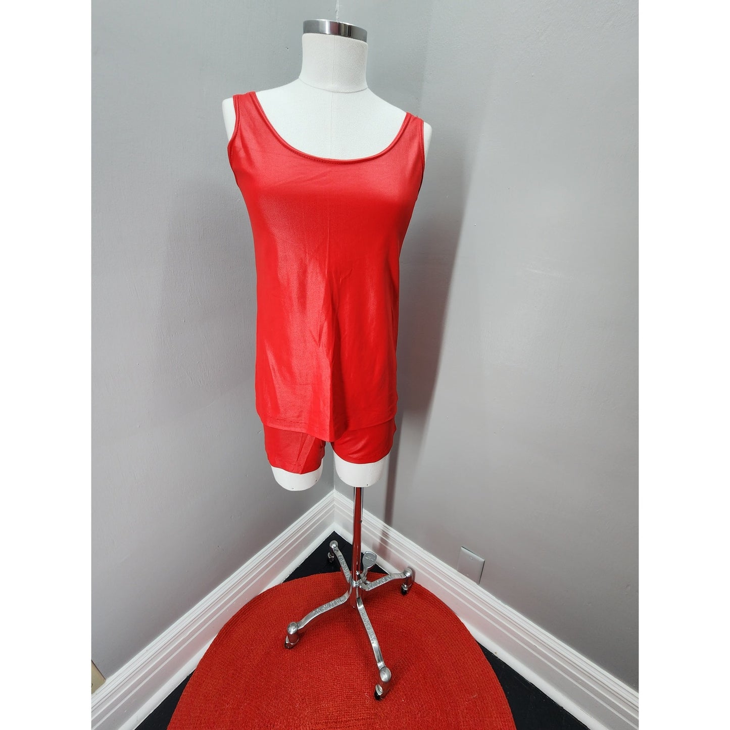 70s Vintage Red Hot Wet Look Tank & Hot Pants - S