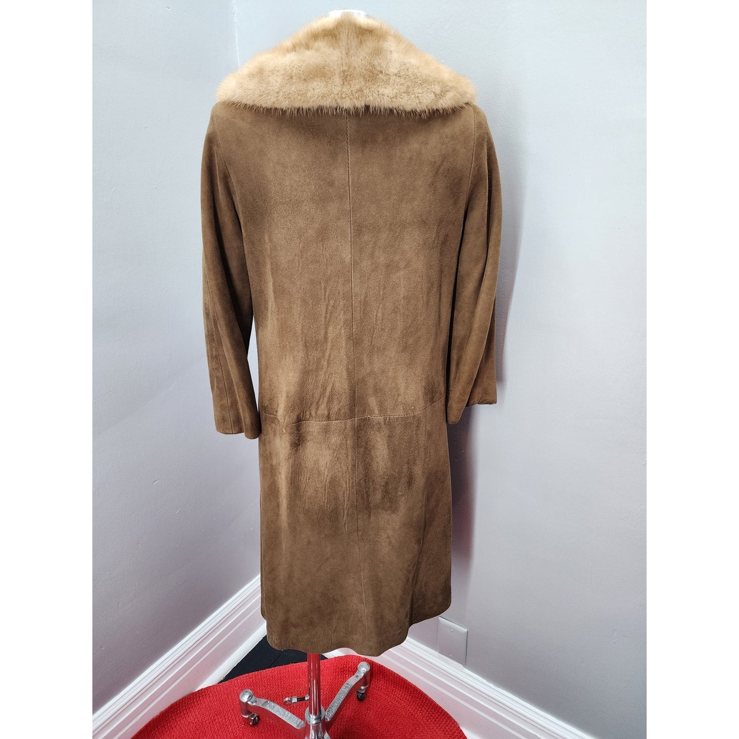 Vintage 60s Light Brown Suede Coat with Auburn Fur Collar - S