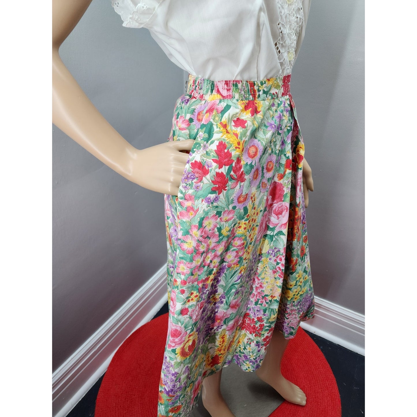 80s Andrew McMullan Floral Skirt, Pockets, Elastic Waist - L