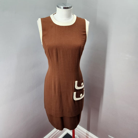 80s Vintage Donna Ricco Brown & Cream Sheath Dress - S / M