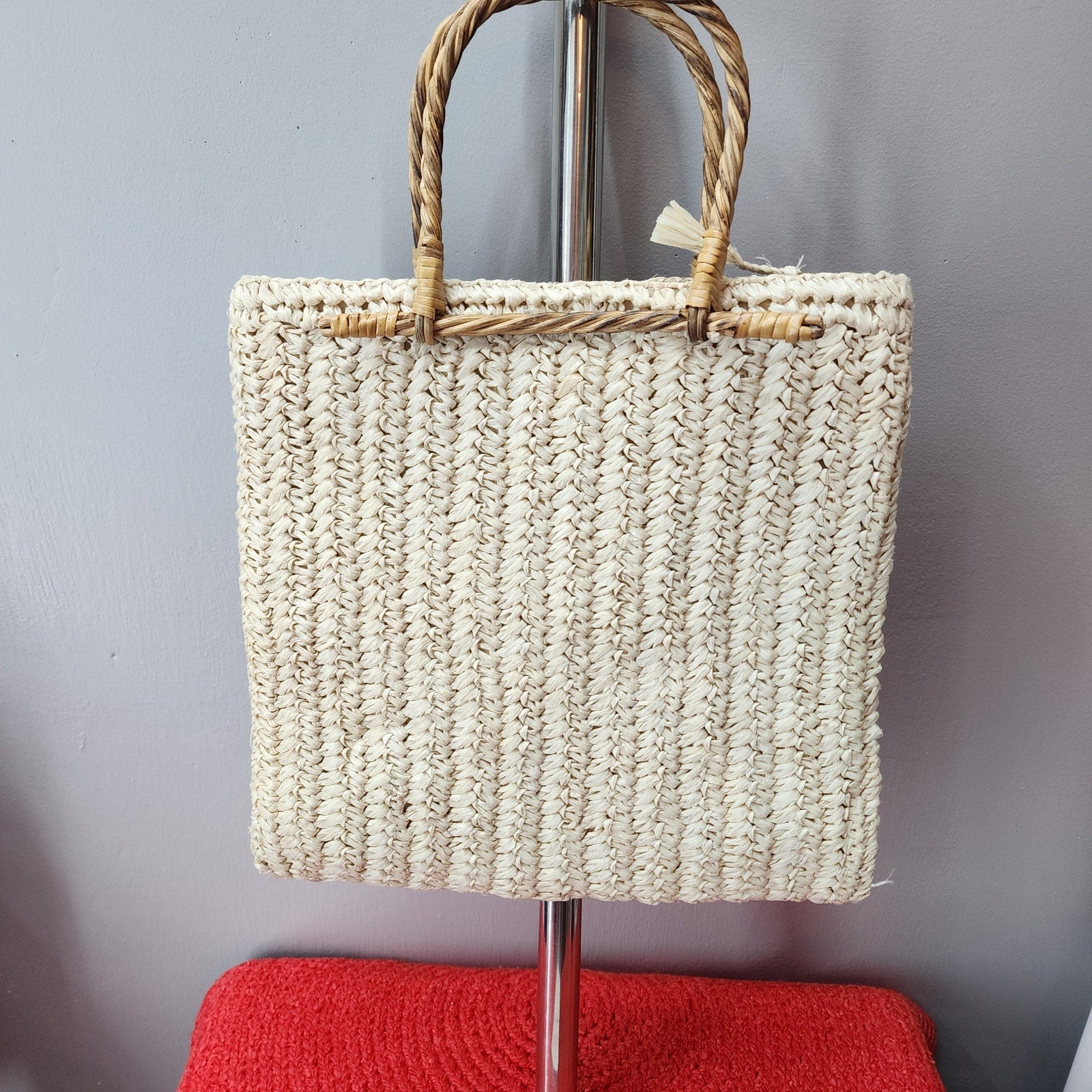 60s Vintage Marcus Brothers Raffia and Wicker Handle Small Tote