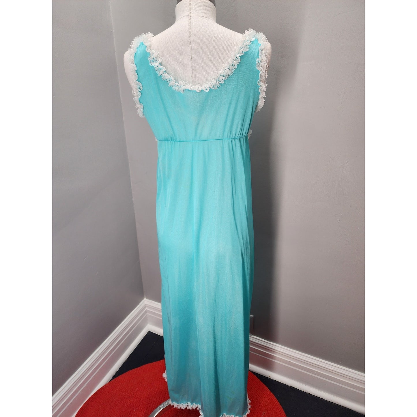 80s Vintage Robin Egg Blue Column Gown with Frilly Lace - S