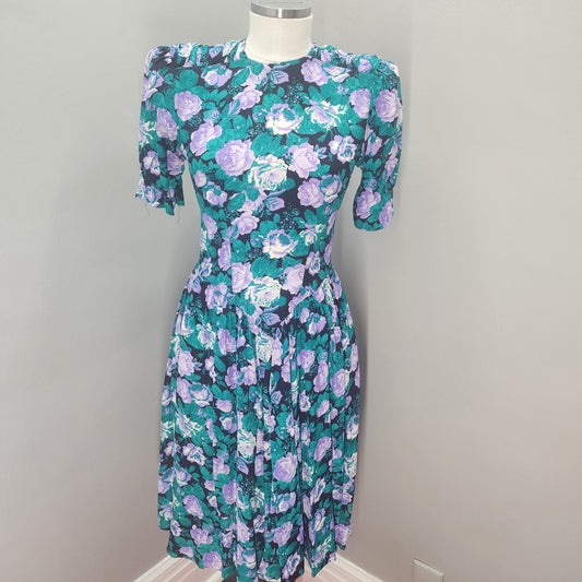 80s Vintage E.D. Michaels Floral Fit-n-Flare Dress  - S