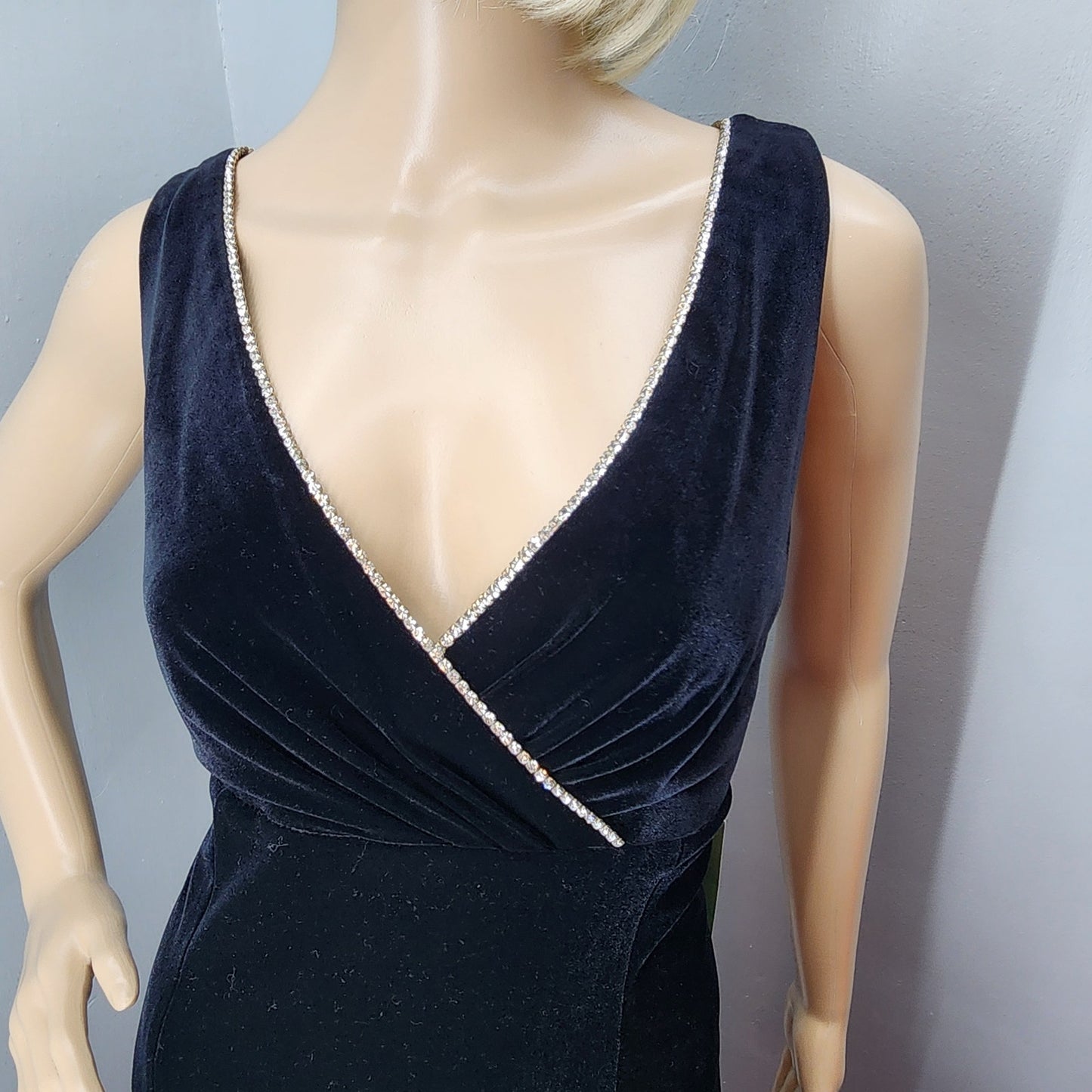 90s Vintage Black Tie Velour Rhinestone Gown - M