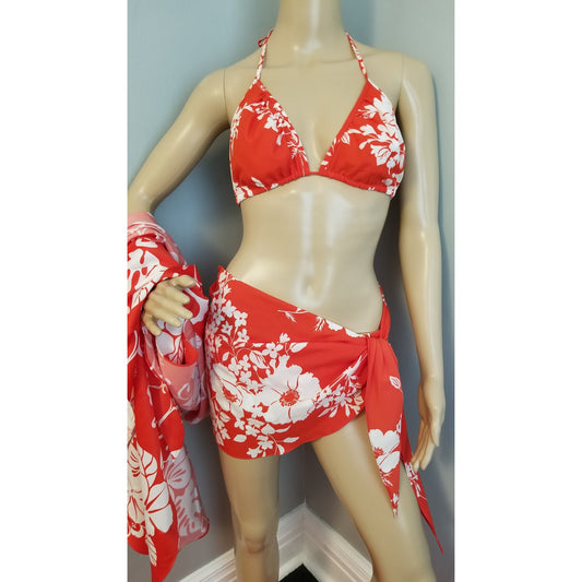 70s Vintage Hilo Hattie Red and White Bikini Swim / Sarong Set - XL