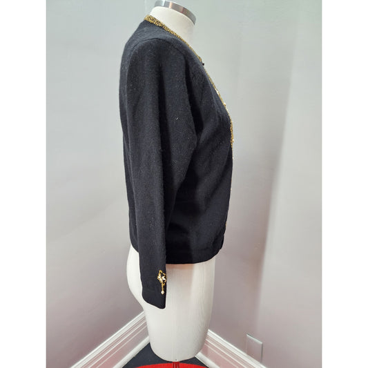 50s Vintage Marchessa Black Beaded Cardigan - M