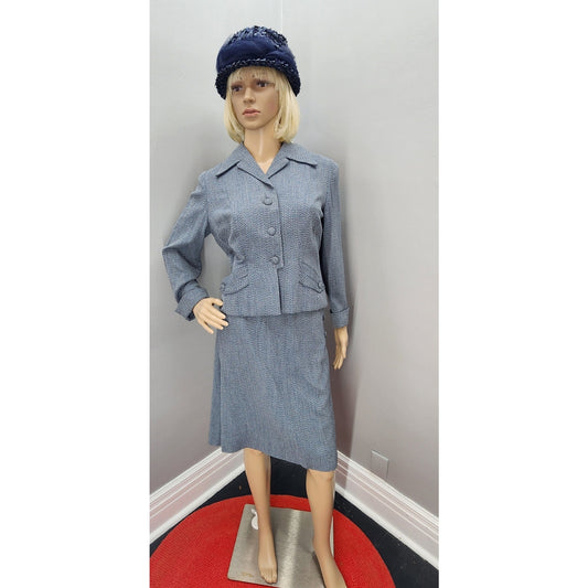 40s Vintage Custom Made Blue Gabardine Skirt (s) Suit - M