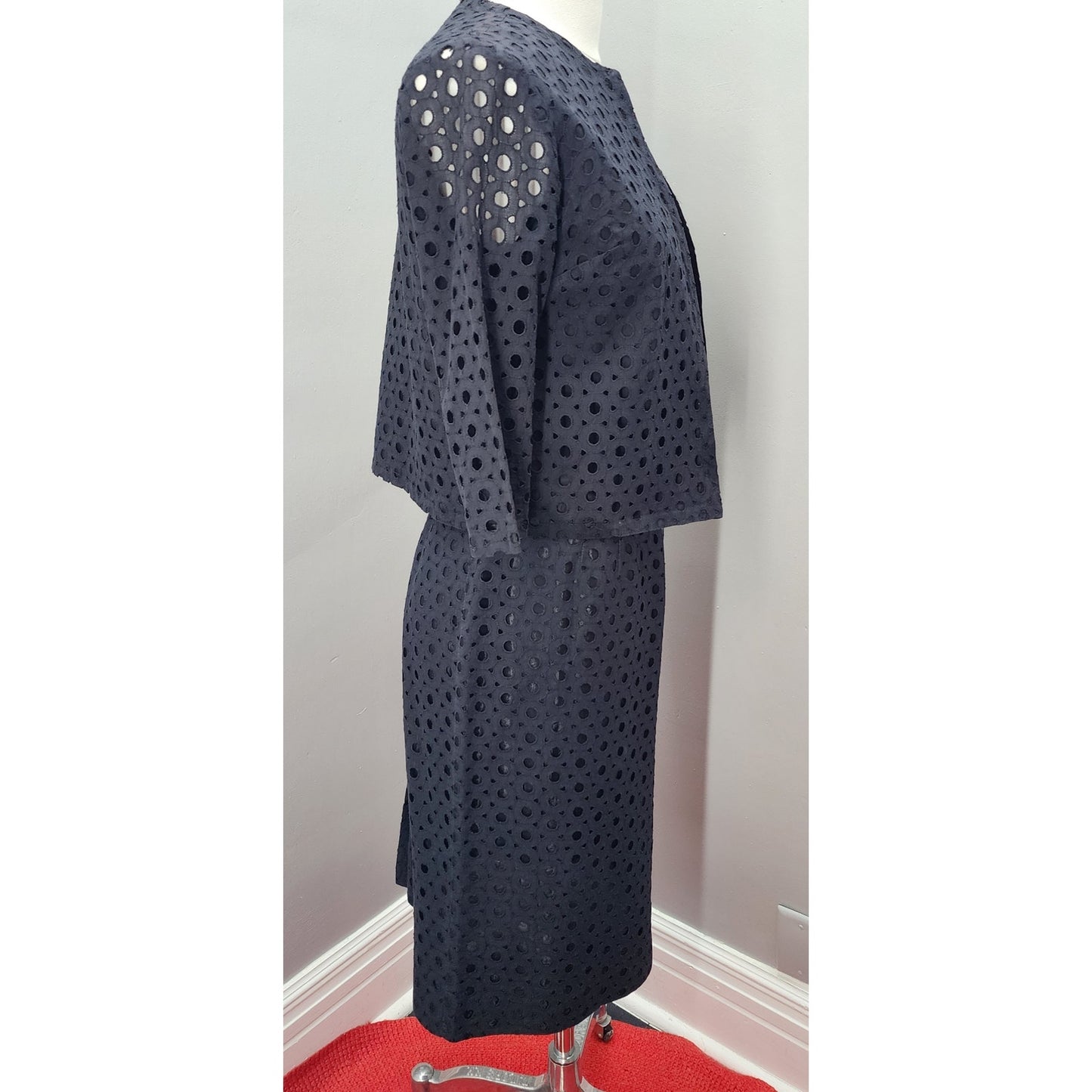 50s Vintage Black Eyelet or Broderie Anglaise Skirt Suit - S / M