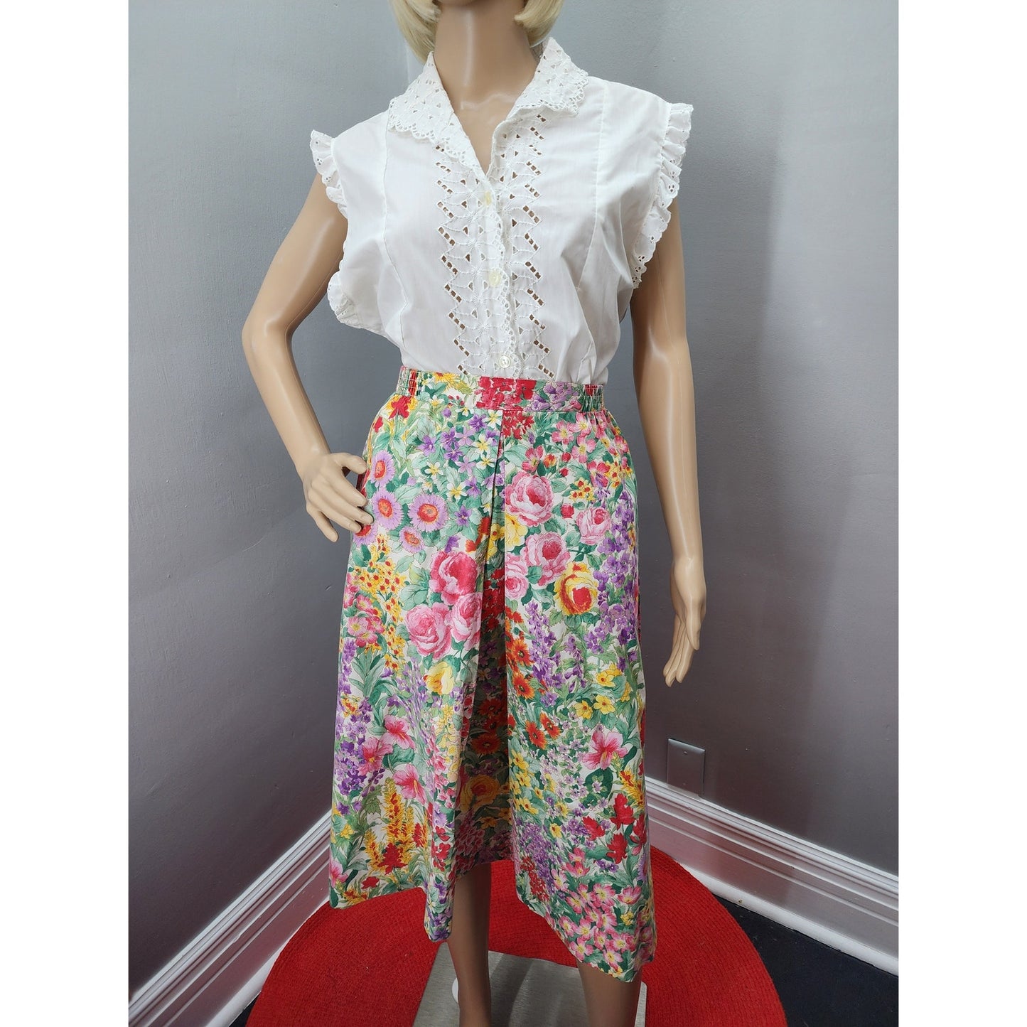 80s Andrew McMullan Floral Skirt, Pockets, Elastic Waist - L