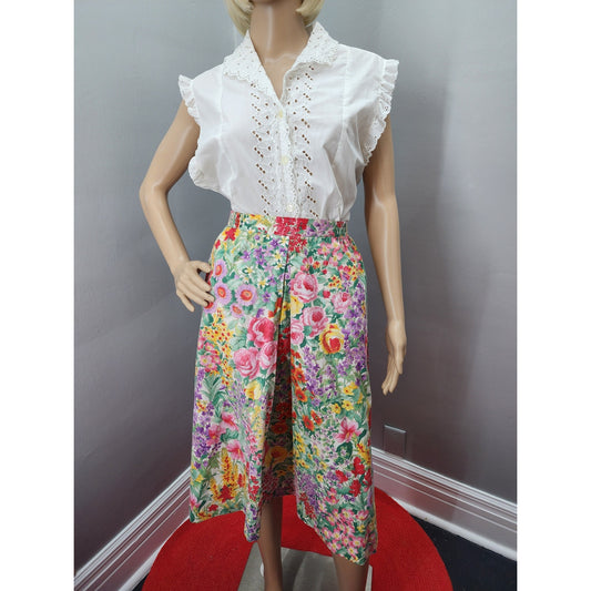 80s Andrew McMullan Floral Skirt, Pockets, Elastic Waist - L