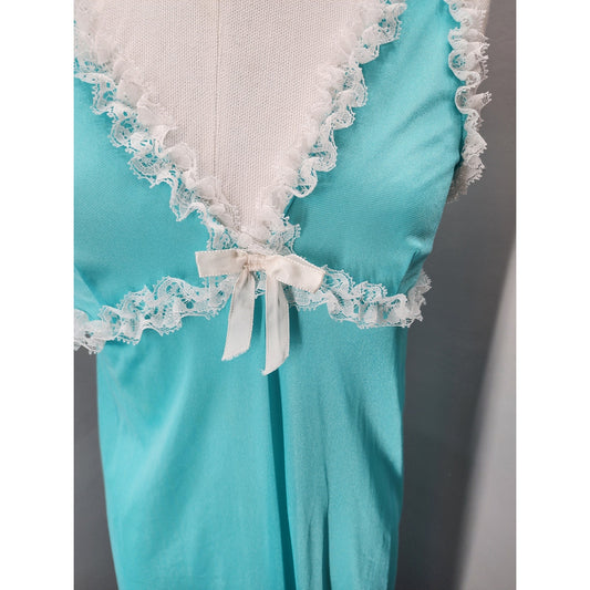 80s Vintage Robin Egg Blue Column Gown with Frilly Lace - S