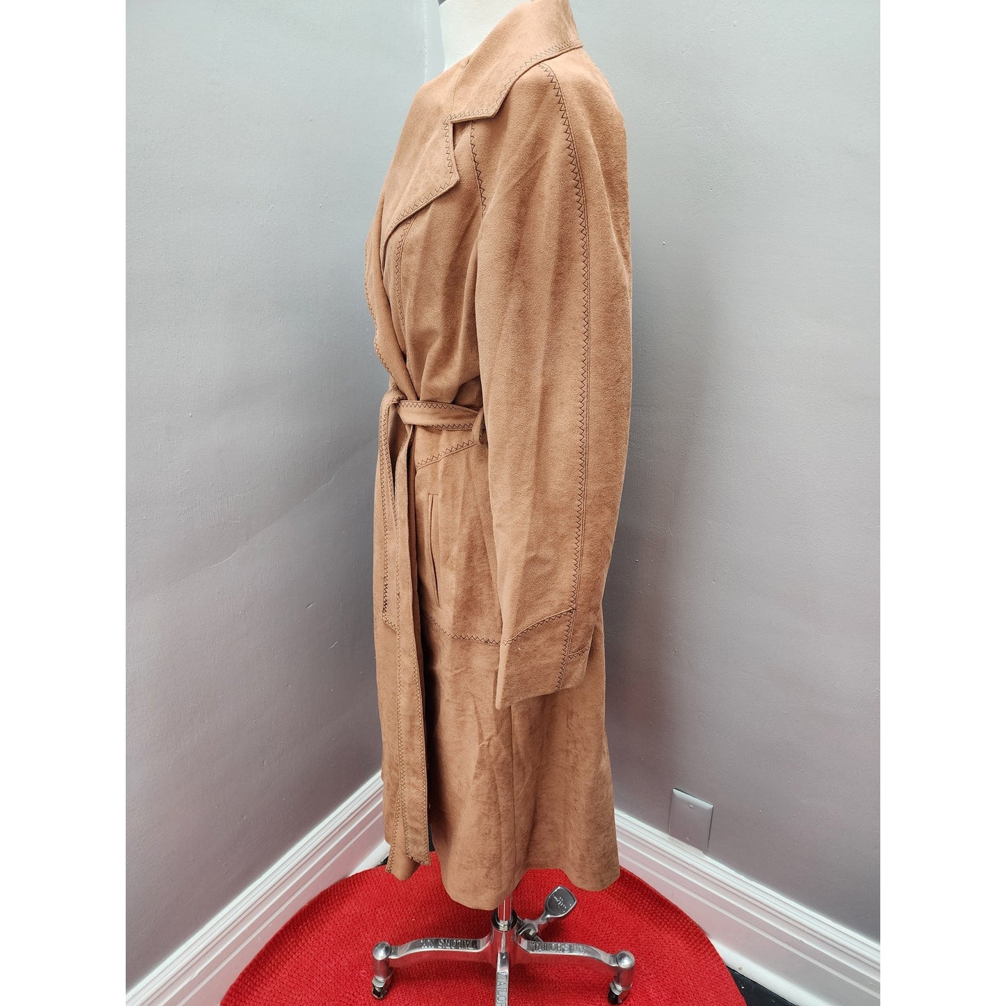 70s Vintage Faux Suede Tan Trench Coat, Contrast Stitching - M