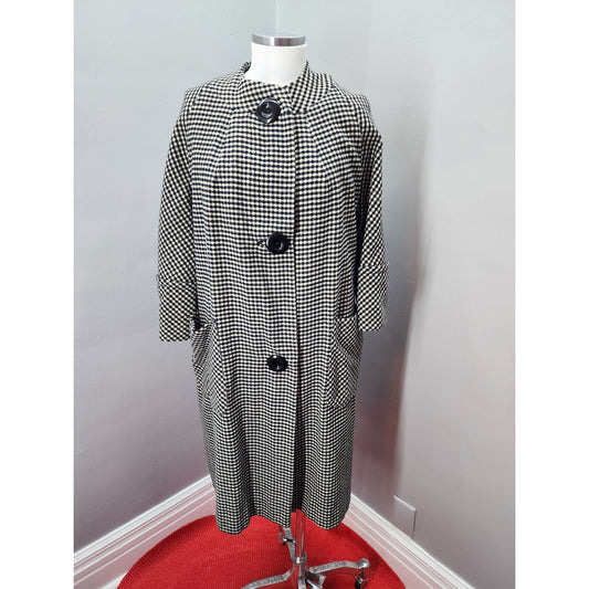 60s Vintage Houndstooth Wool Blend Swing Coat - XL