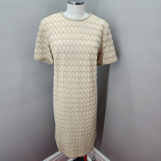 60s Vintage Mary Roberts Winter White Dress with Gold Lurex Design - XL