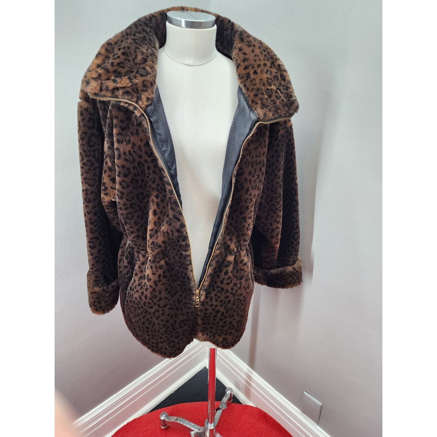 80s-Lorovi Brown and Black Cheetah Faux Fur Coat - PL