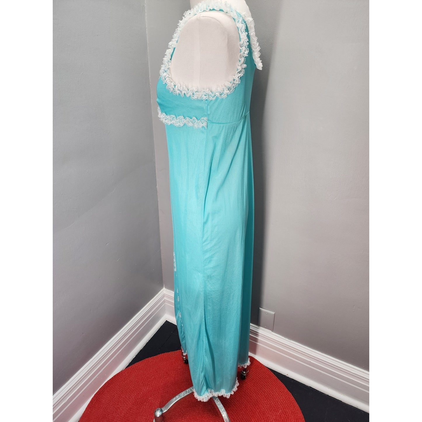 80s Vintage Robin Egg Blue Column Gown with Frilly Lace - S