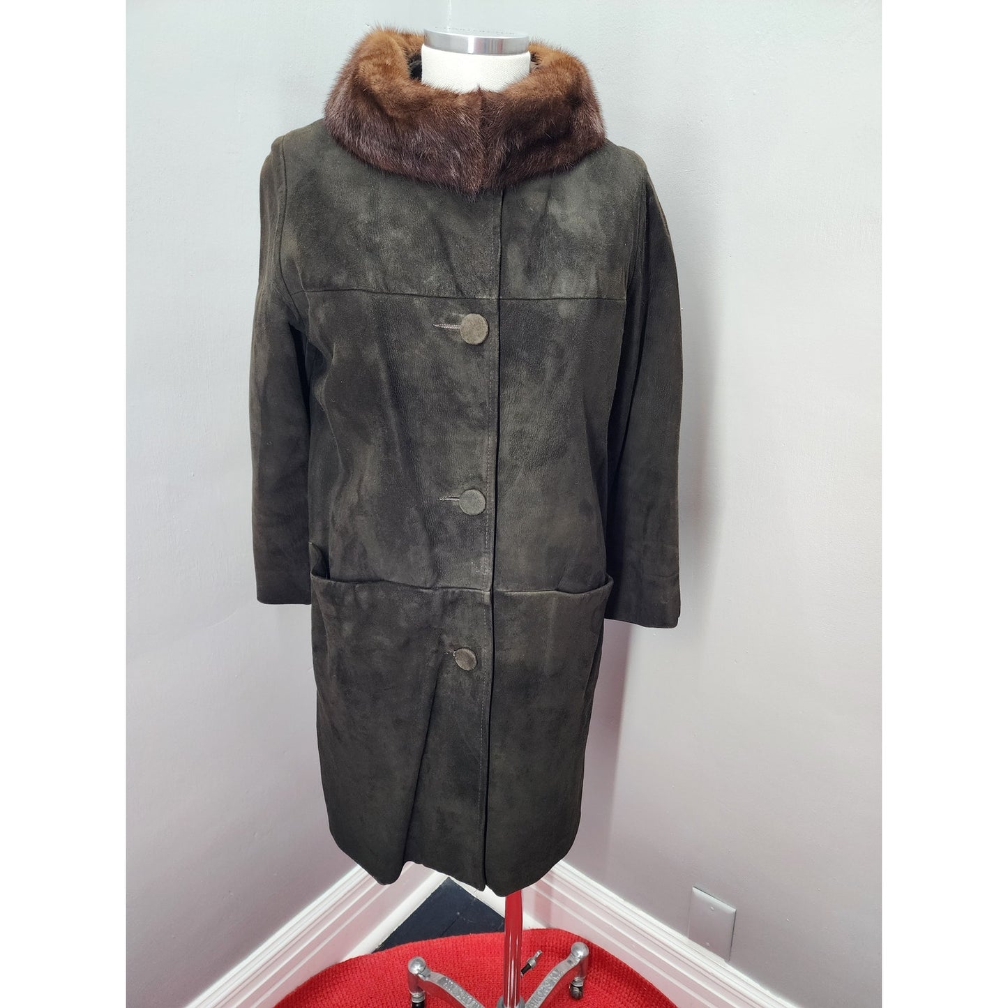 Vintage 60s Chocolate Brown Suede Coat with Fur Collar - S