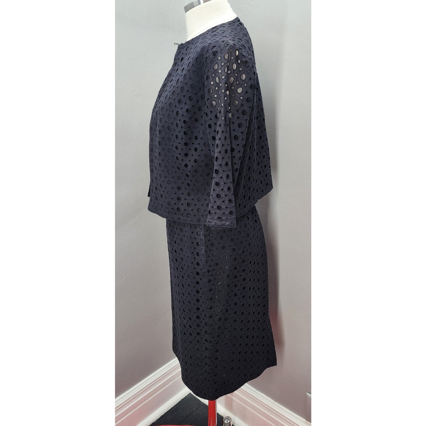 50s Vintage Black Eyelet or Broderie Anglaise Skirt Suit - S / M