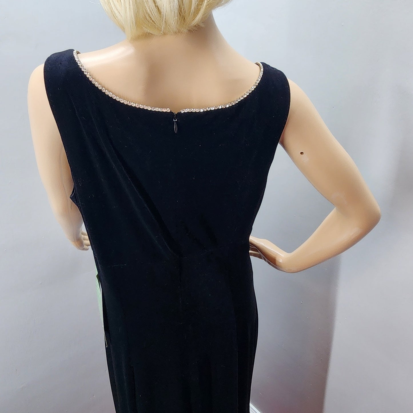 90s Vintage Black Tie Velour Rhinestone Gown - M