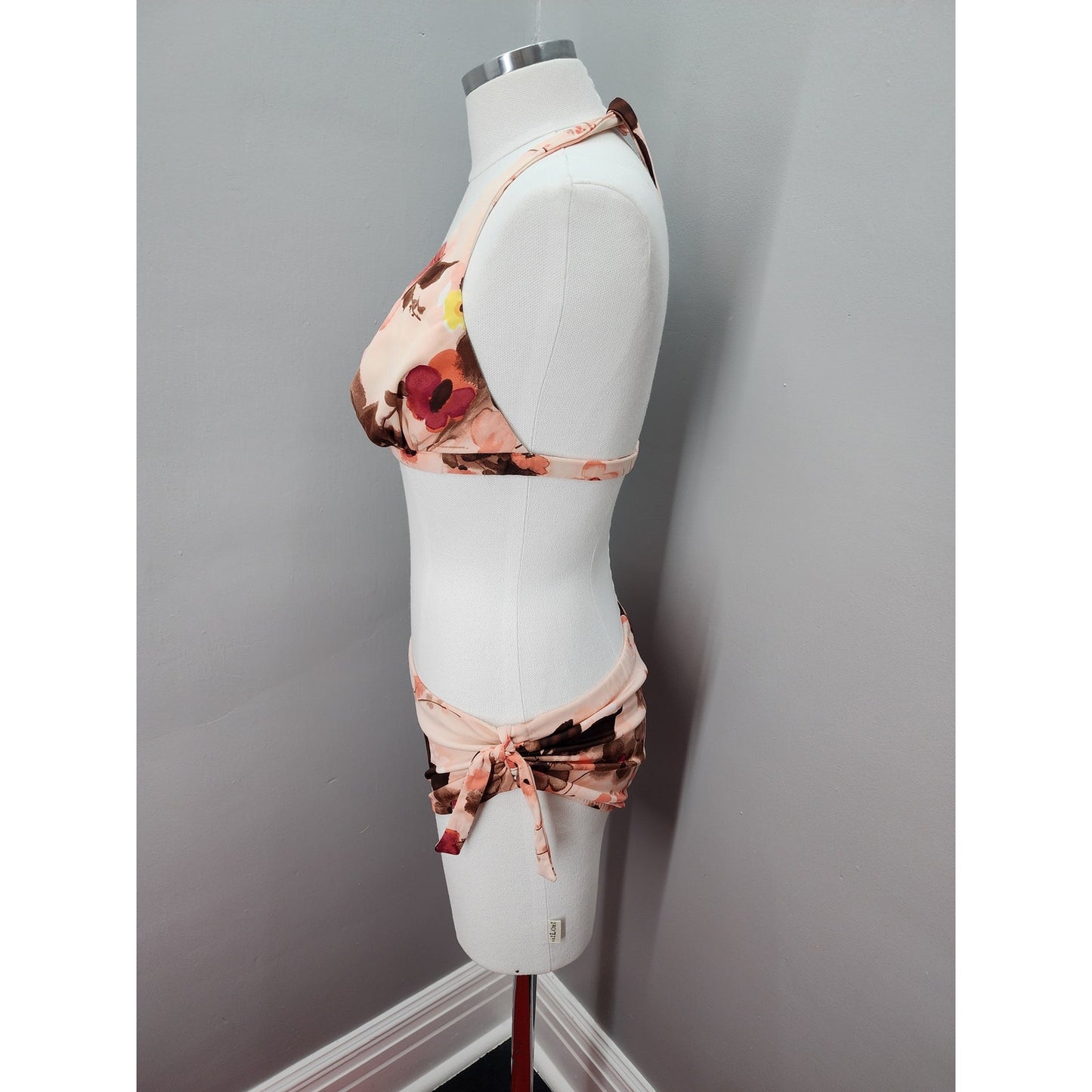 70s Peach & Brown Floral Bikini Swim Suit - M / L