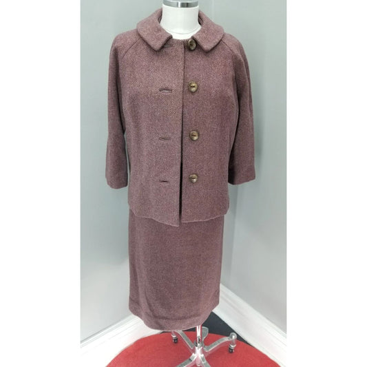 60s Vintage Burgundy Wool Blend Tailored Power Suit Jacket and Skirt
