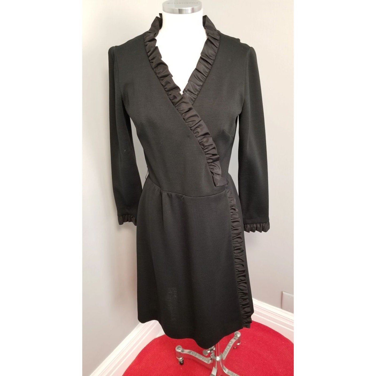 60s Vintage R&K Knit Black Wrap Dress with Satin Ruffle Trim