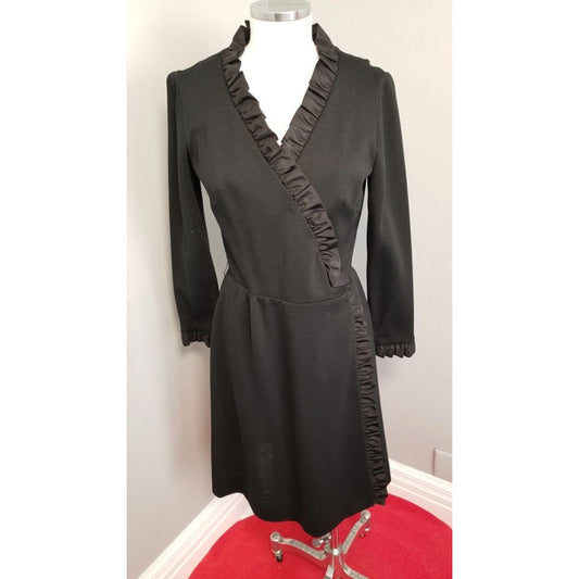 60s Vintage R&K Knit Black Wrap Dress with Satin Ruffle Trim