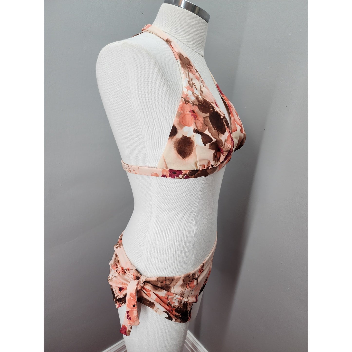70s Peach & Brown Floral Bikini Swim Suit - M / L
