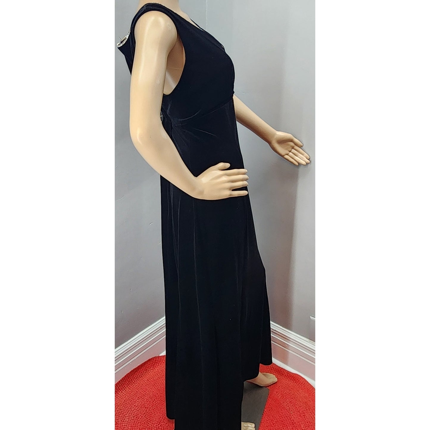 90s Vintage Black Tie Velour Rhinestone Gown - M