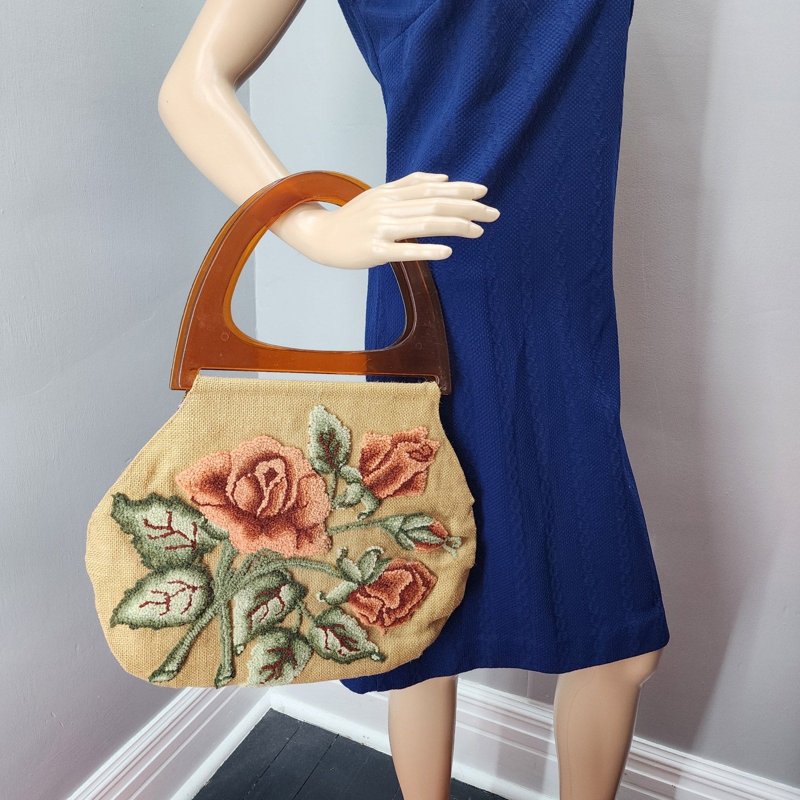 70s Vintage Handmade Sac Purse, Embroidery / Needlepoint on Burlap