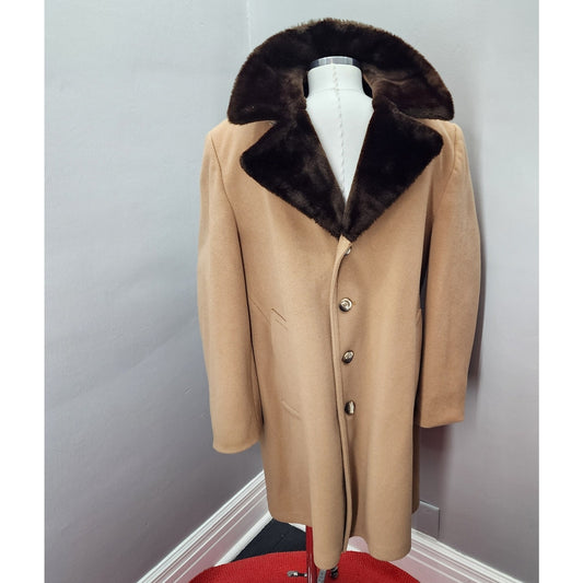 70s Vintage London Fog Men's Faux Fur Lined Coat, Camel - 44R