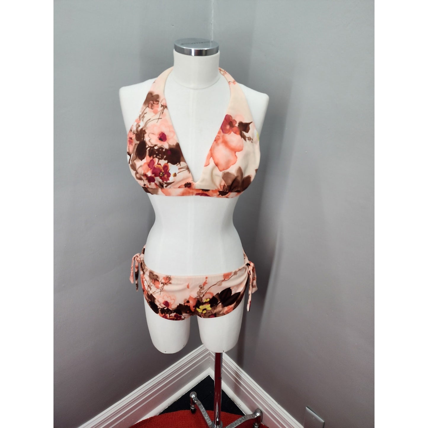 70s Peach & Brown Floral Bikini Swim Suit - M / L