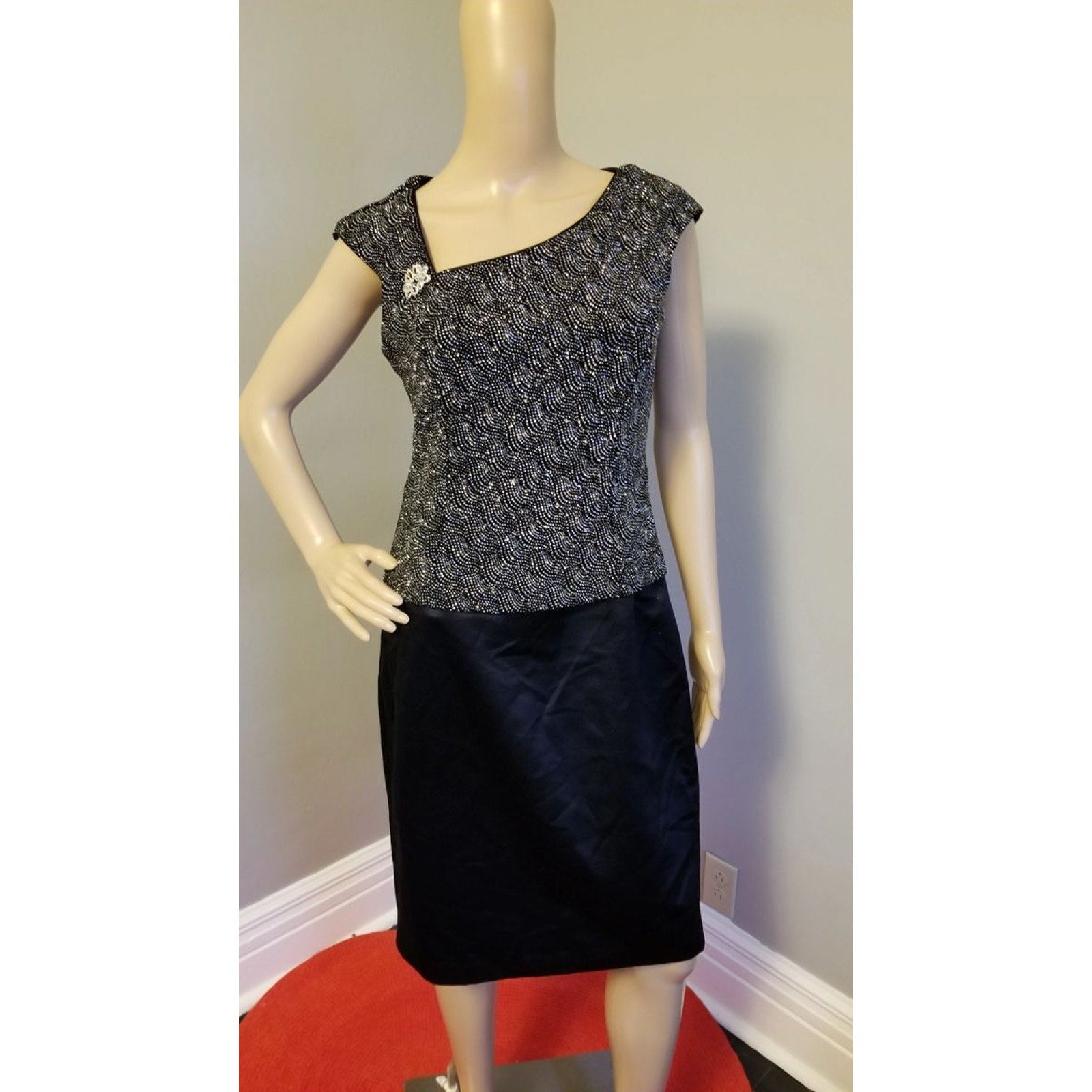 70s Vintage Patra Dress Black and Silver with Asymmetrical Neckline