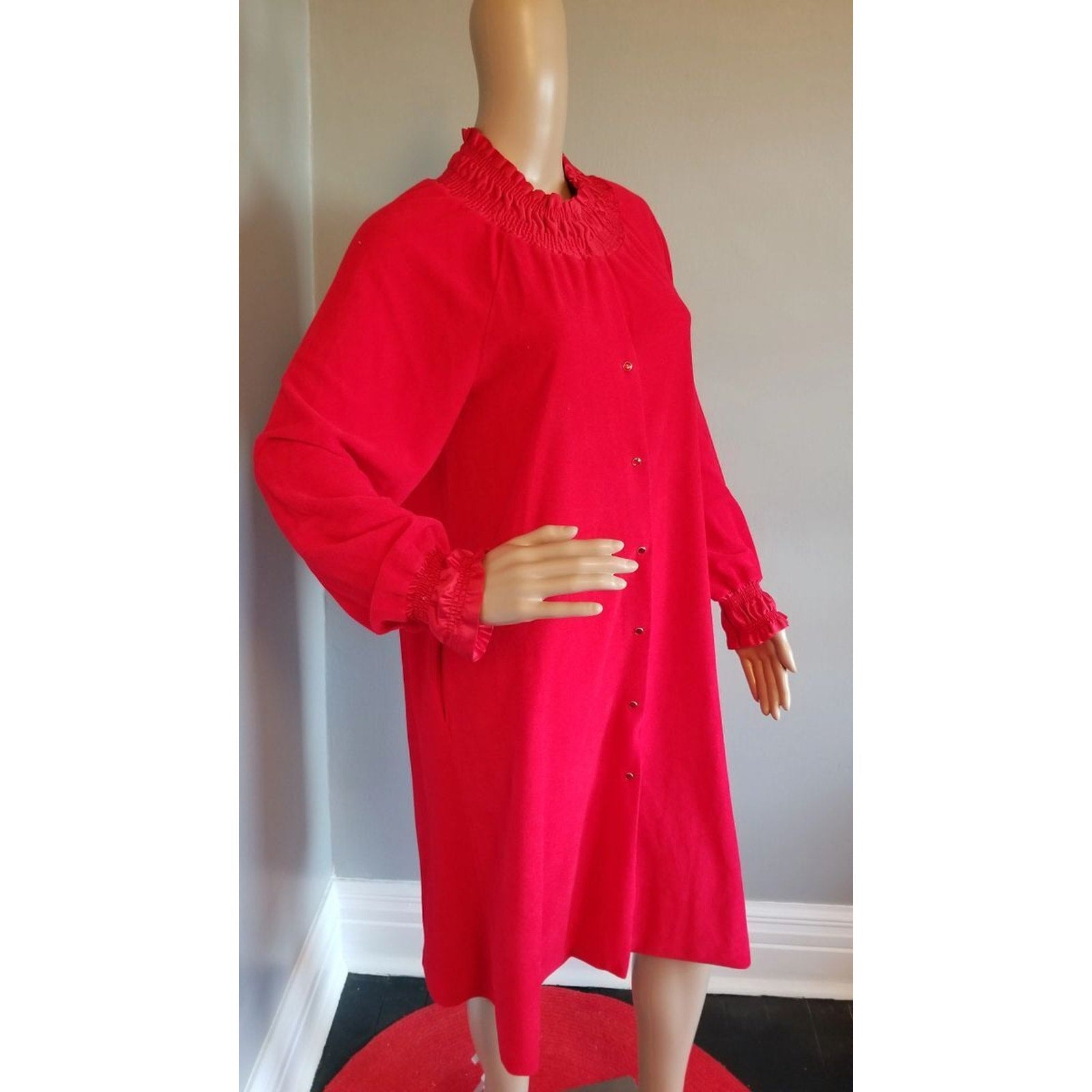 70s Vintage Vanity Fair Bright Red Robe with Ruched Neck and Cuffs