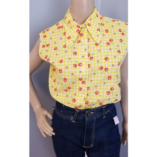 70s Vintage Yellow and White Checker with Cherries Sleeveless Top Dog Ear Collar