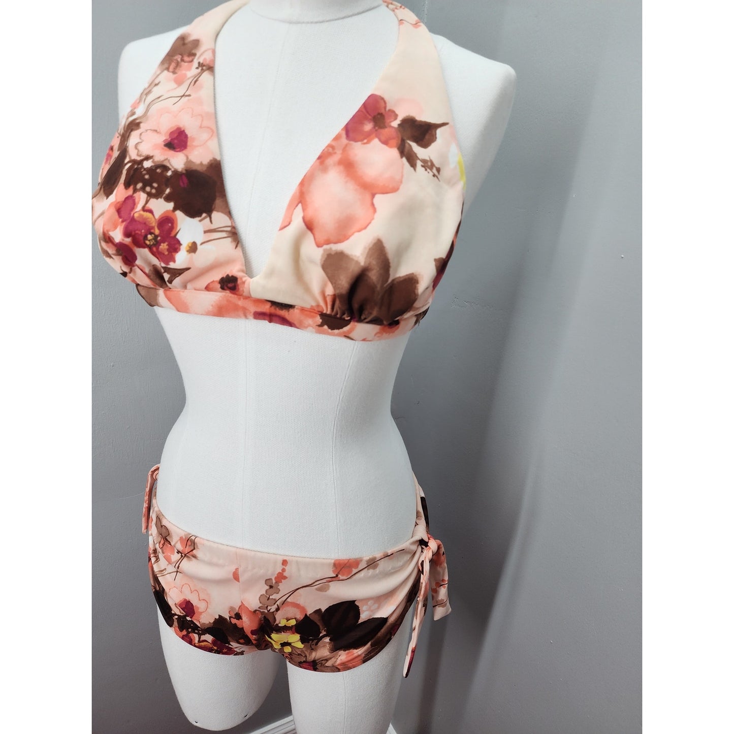 70s Peach & Brown Floral Bikini Swim Suit - M / L