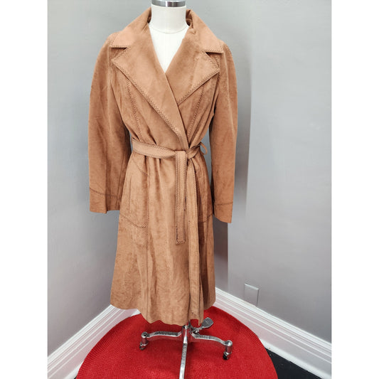 70s Vintage Faux Suede Tan Trench Coat, Contrast Stitching - M