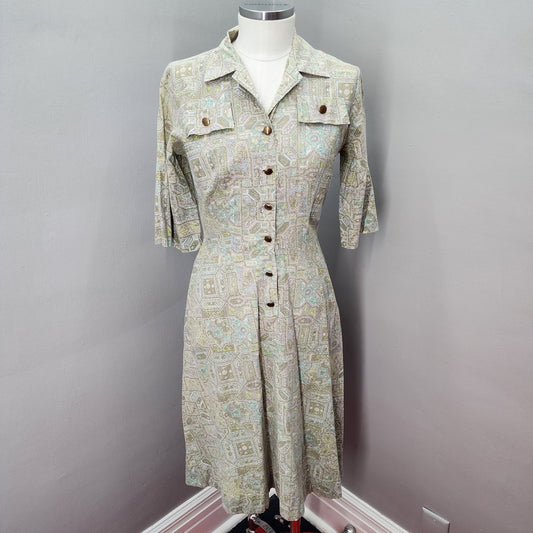 50s Vintage Cotton Day Dress, Fit & Flare, Muted Colors - S