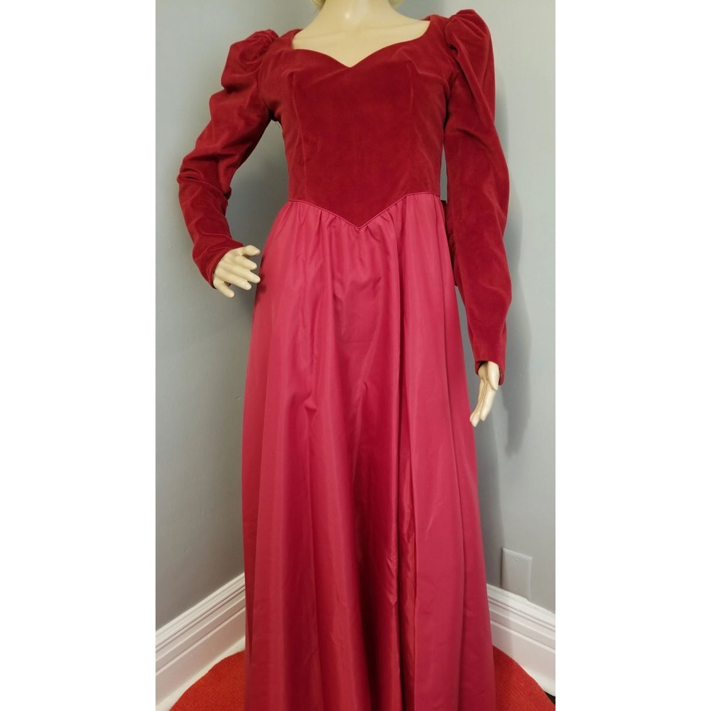 80s Vintage Deep Red Velvet Maxi Dress with Huge Bow