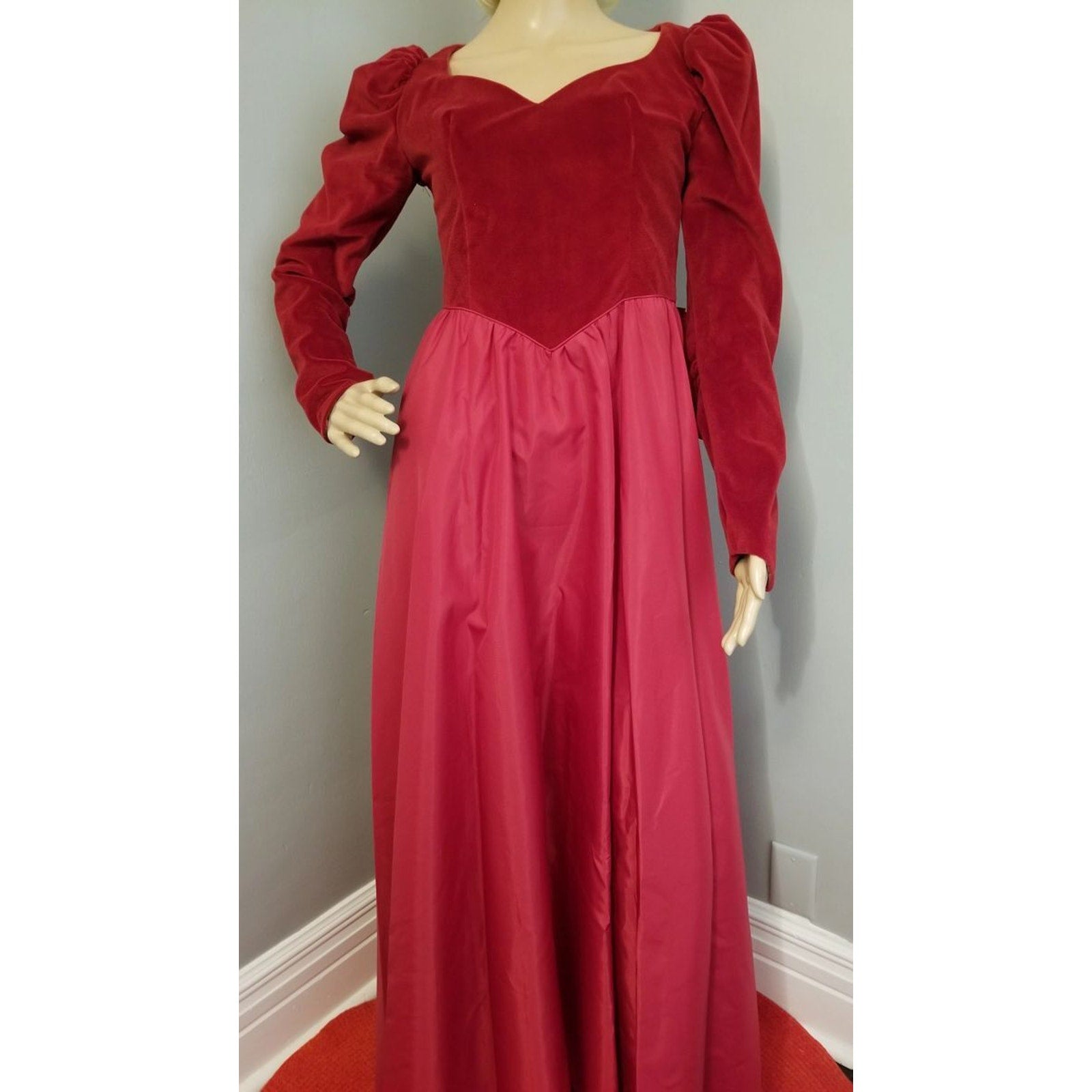 80s Vintage Deep Red Velvet Maxi Dress with Huge Bow