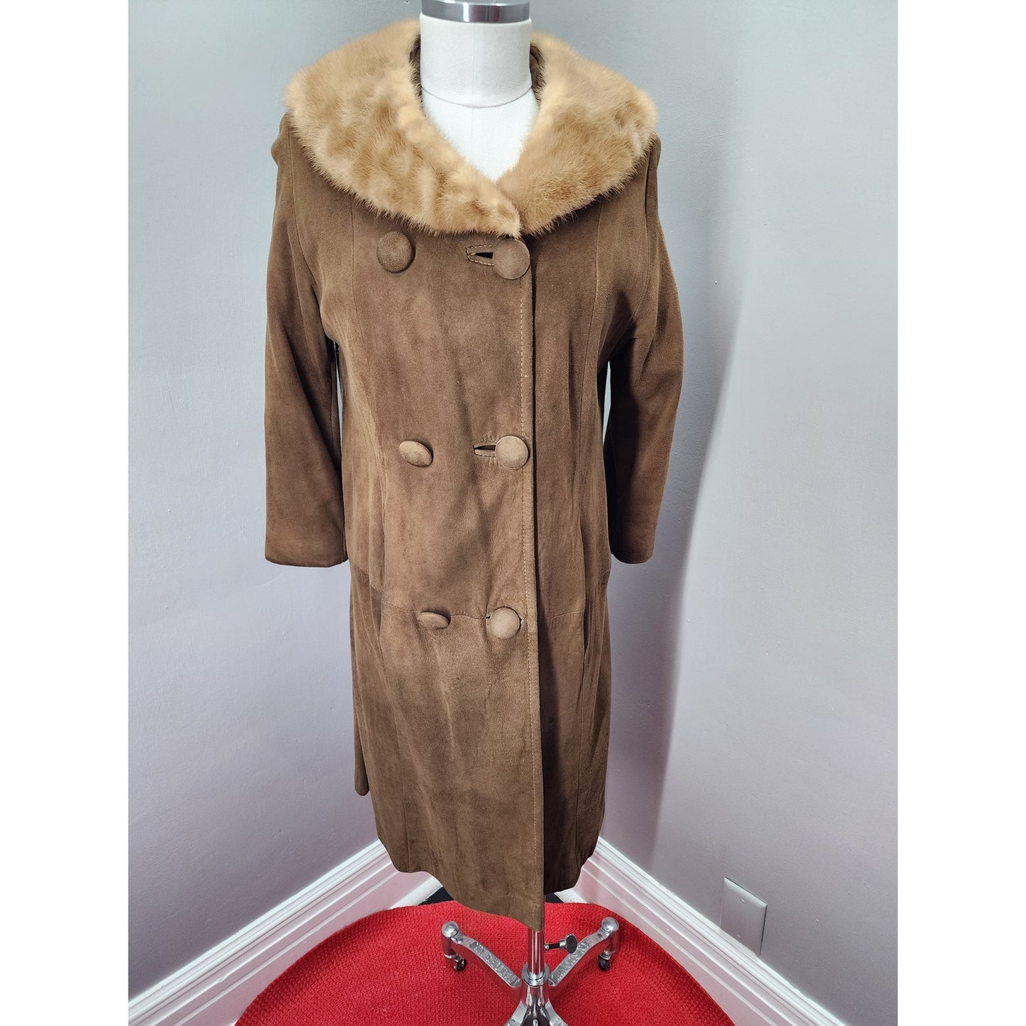 Vintage 60s Light Brown Suede Coat with Auburn Fur Collar - S
