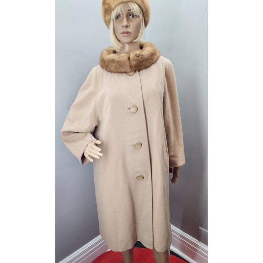 60s Vintage Camel Cashmere Coat with Vintage Fur Collar - XXL