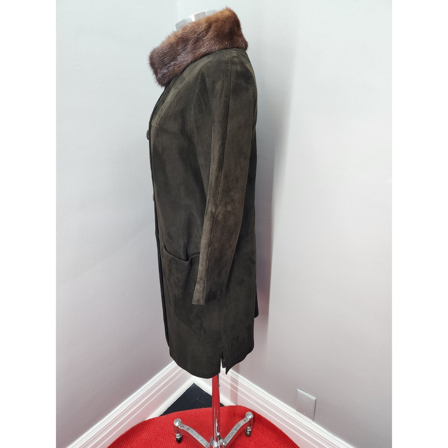 Vintage 60s Chocolate Brown Suede Coat with Fur Collar - S
