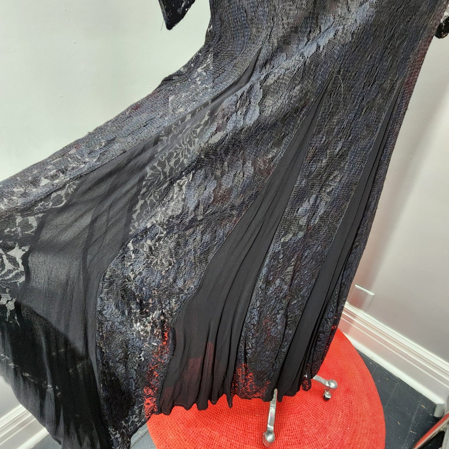 90s Vintage Black Nostalgia Lace and Rayon Midi/Maxi - S