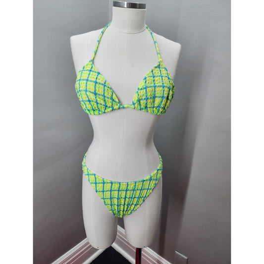 90s Vintage Hobie Bikini Bright Chartreuse and Blue Plaid