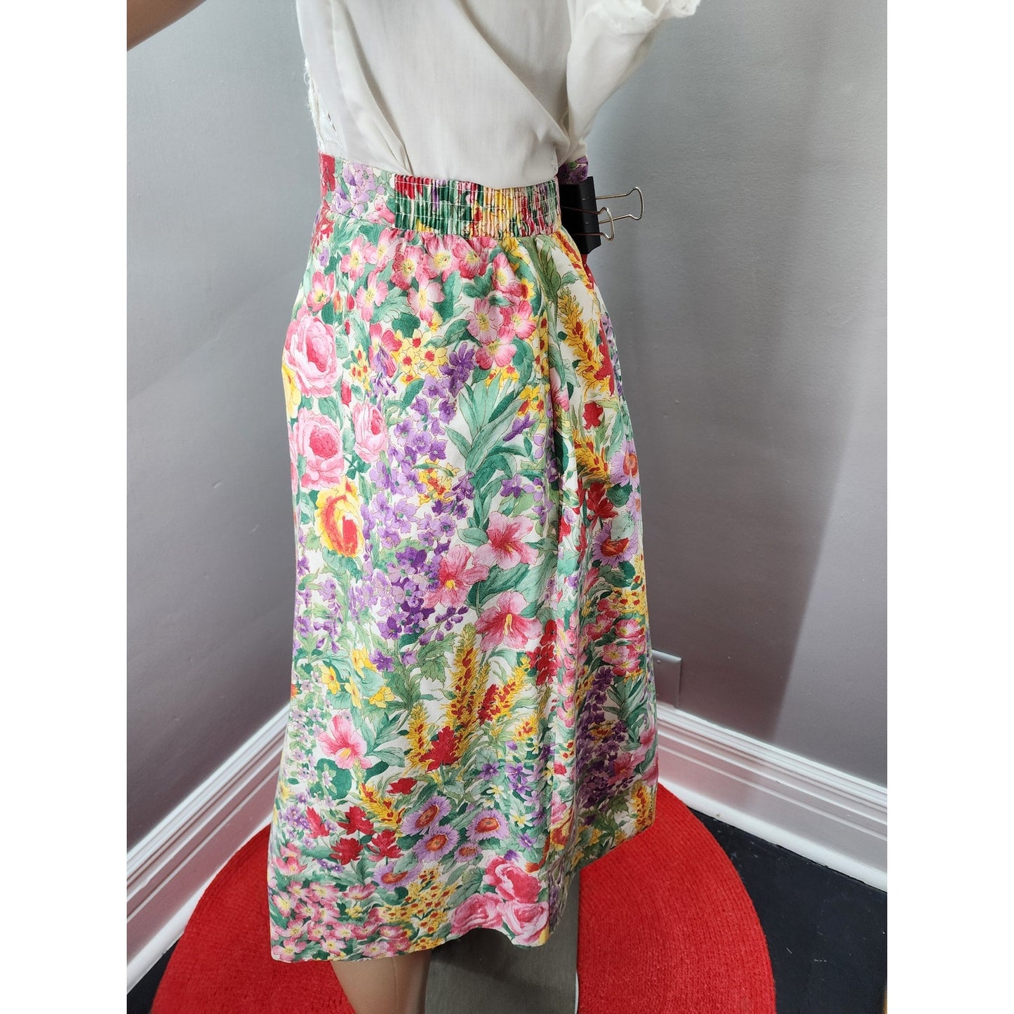 80s Andrew McMullan Floral Skirt, Pockets, Elastic Waist - L