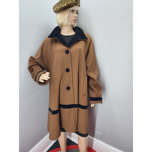 80s Vintage Projections Wool Blend Swing Coat with Velvet Trim - L